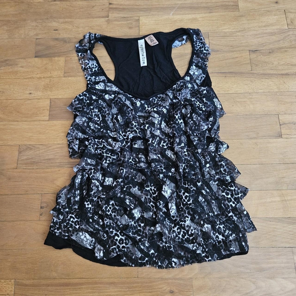 Women's Black and Gray Ruffled Top